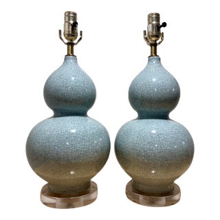 Modern Porcelain Celadon Crackle Lamps - A Pair For Sale