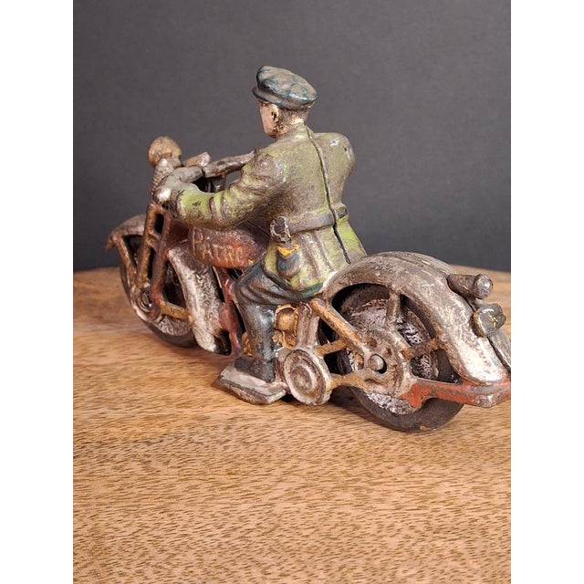 Green Antique 1930s Hubley Cast Iron "Patrol" Cop Police Motorcycle Toy | Green Paint & Integral Officer Rider 6.25" For Sale - Image 8 of 17