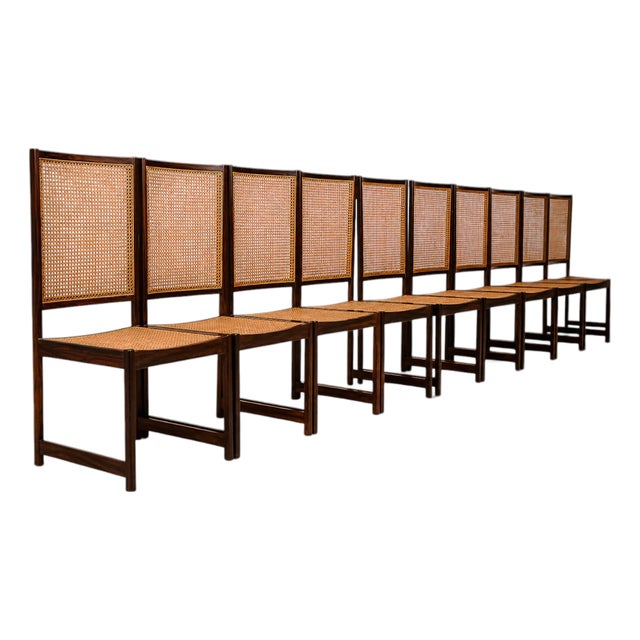 Set of Ten Brazilian Modern Dining Chairs in Rosewood and Cane by Móveis Primus, Brazil, 1960s For Sale