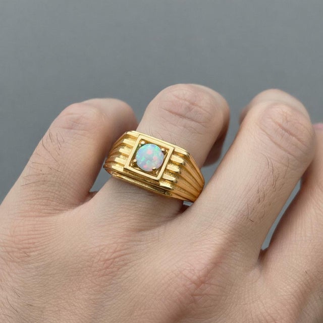 Opal Solitaire Ring for Men Silver, Gold, Size 10 For Sale - Image 6 of 6