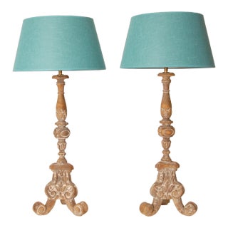 Vintage French Country Lamps Wood Turquoise Linen Lampshades a Pair For Sale