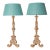 Vintage French Country Lamps Wood Turquoise Linen Lampshades a Pair For Sale
