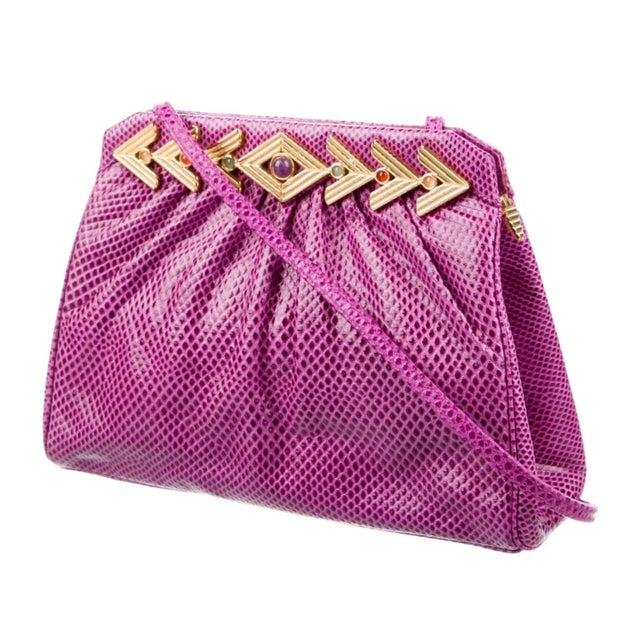 Metal 1990s Judith Leiber Karung SnakeSkin Pink Fuschia Day Evening Handbag Gemstones Vintage For Sale - Image 7 of 15