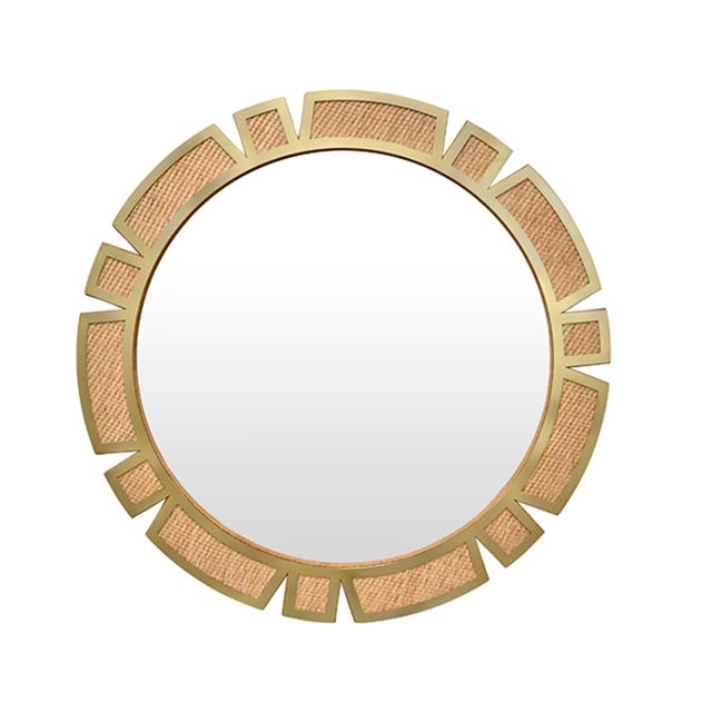 Worlds Away Matthew Izzo Home Sunday Round Framed Rattan and Modern Brass Sunburst Mirror For Sale - Image 4 of 4