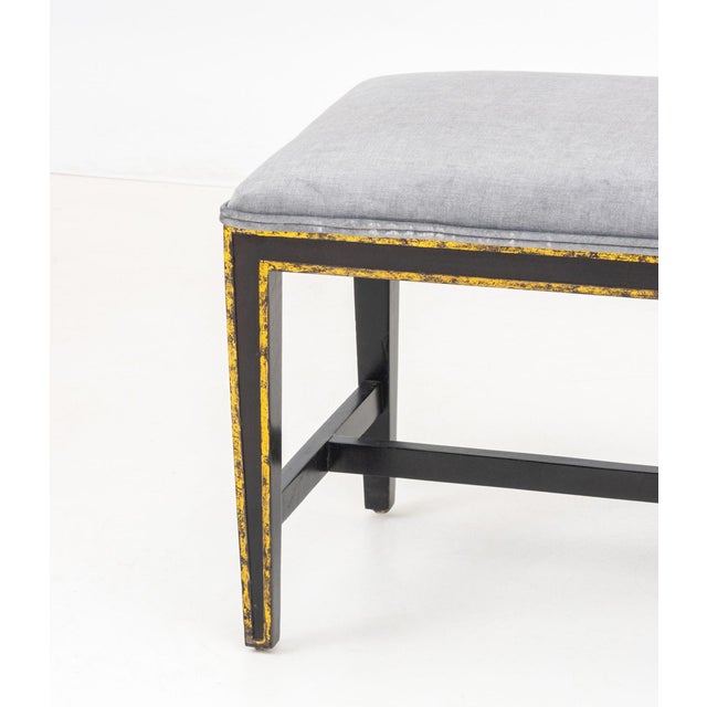 Contemporary Modern Blue Gray Velvet Upholstered Ebonized Bench For Sale - Image 3 of 7