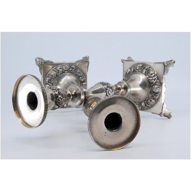 Silver Silver Candlesticks with Turned Stems and Embossed Floral Motifs, Set of 2 For Sale - Image 8 of 12