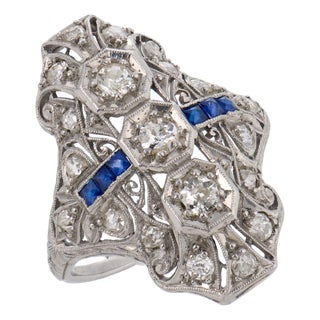 1930s Art Deco Diamond Sapphire Platinum Ring, Size 6.5 For Sale