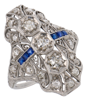 1930s Art Deco Diamond Sapphire Platinum Ring, Size 6.5