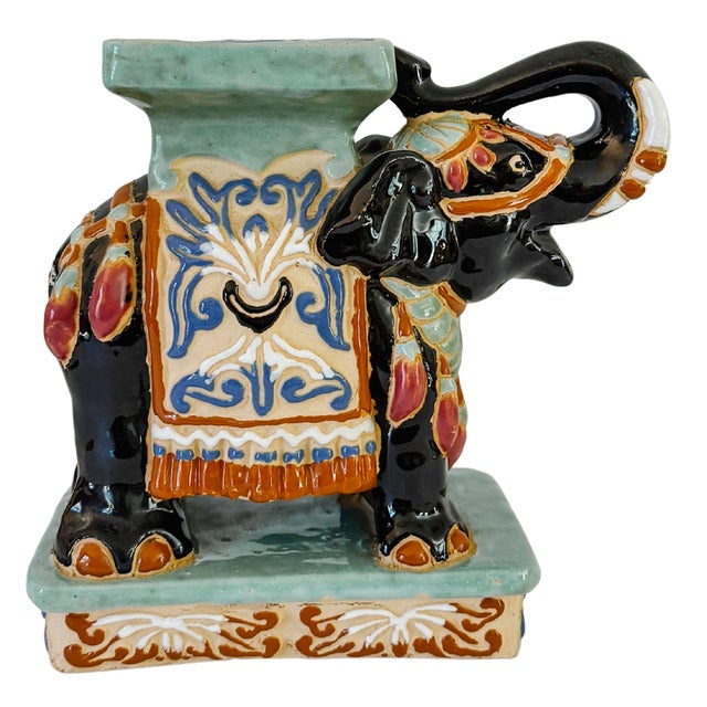 1970s Vintage Chinoiserie Celadon & Black Ceramic Elephant Glazed Plant Stands / Bookends - A Pair For Sale - Image 5 of 13