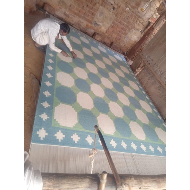 Handmade Woolen Flat Weave Swedish Pattern Blue, Cream and Moss Green Area Tile Rug - 8'x10' For Sale - Image 12 of 13