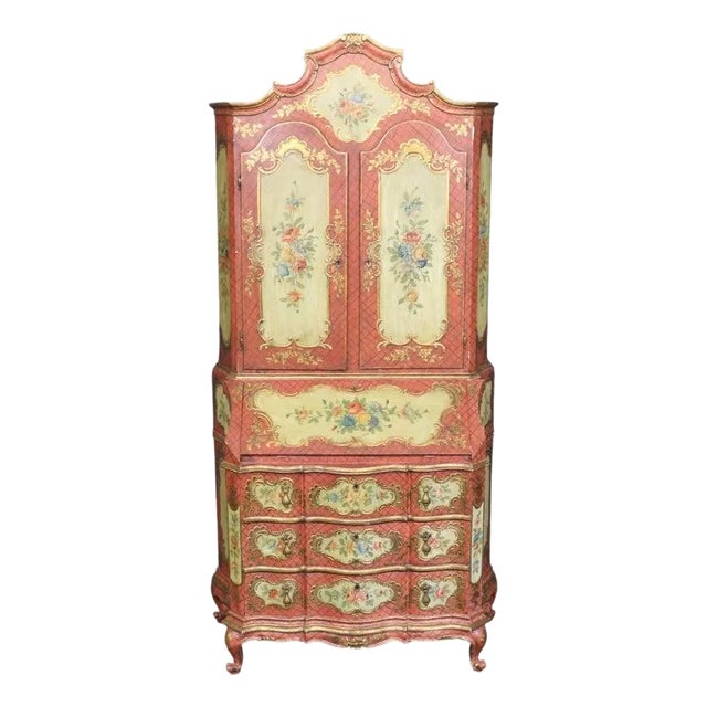 Outstanding Red and Yellow Ornate Large Venetian Painted Secretary Desk For Sale
