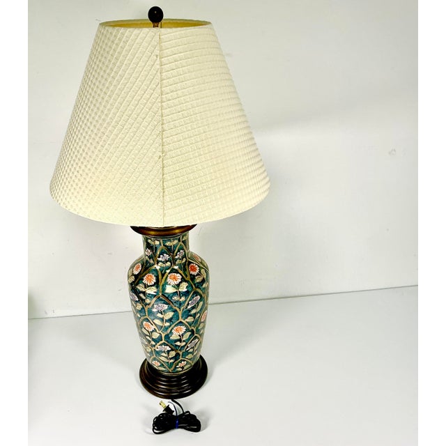 Mid 20th Century Chinoiserie Boho Chic Hollywood Regency Ceramic Flora Botanical Table Lamp, Textile Shade For Sale - Image 11 of 18