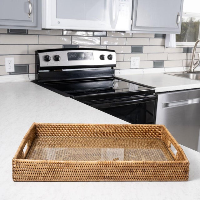 Artifacts Rattan Rectangular Serving Tray with Cutout Handles, Honey Brown with Glass Insert, 20"X13" For Sale - Image 10 of 10