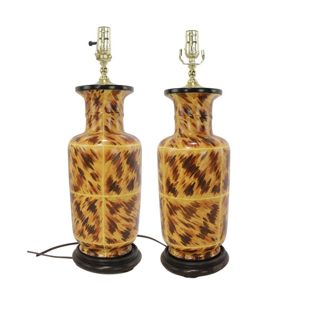 A Pair of Early 21st-Century Hand-Painted Tortoiseshell-Patterned Art Ceramic Table Lamps For Sale - Image 12 of 13