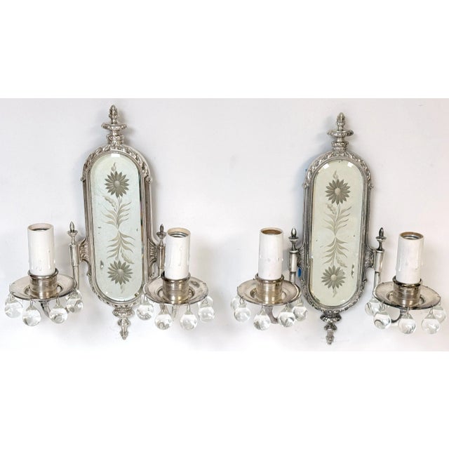 French French Neoclassical Crystal, Silverplated & Engraved Mirror Sconces - a Pair For Sale - Image 3 of 9