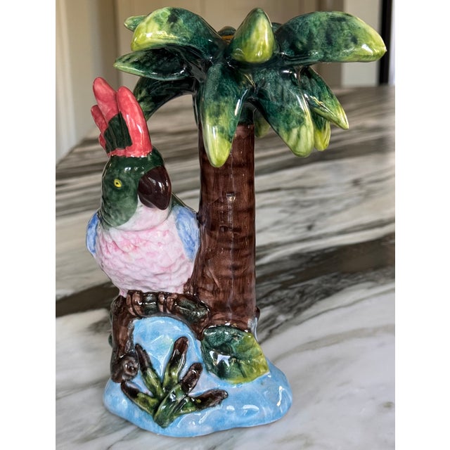 Green Vintage Parrot & Palm Tree Motif Candle Holder For Sale - Image 8 of 10