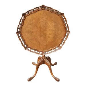 Chippendale Style Burl Walnut Pierced Gallery Piecrust Tilt Top Tea Table