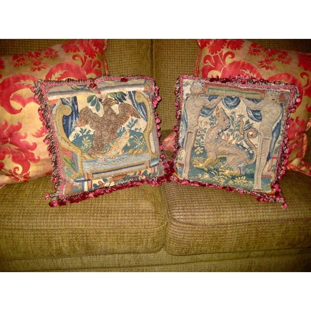 Pair of Tapestry Pillows a Dragon and an Fishing Eagle For Sale - Image 9 of 9