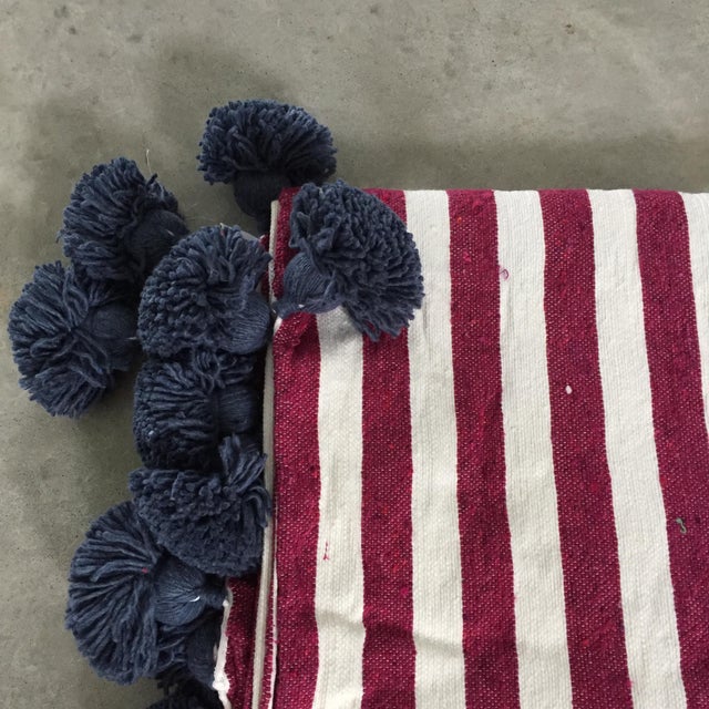 Moroccan Raspberry White Chambray Pompom Throw For Sale - Image 3 of 5