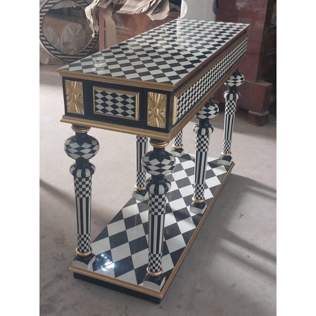 1960s Vintage Harlequin Entryway Console Table Black & White Hollywood Regency For Sale - Image 5 of 9