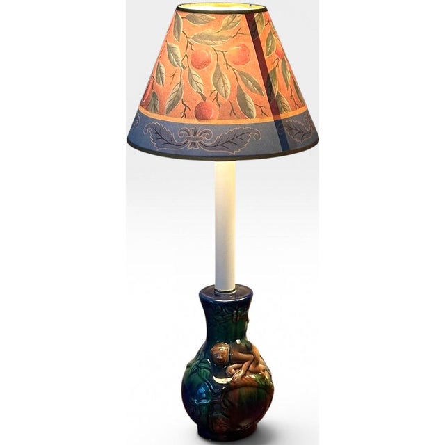 Chinoiserie Vintage Majolica Style Glazed Ceramic Monkey Table Lamps - A Pair For Sale - Image 3 of 15