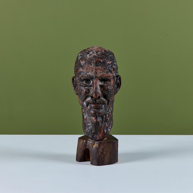 Plaster bust of a man in the style of Swedish designer Nils Sjogren. The sculpture features a man with a moustache and...