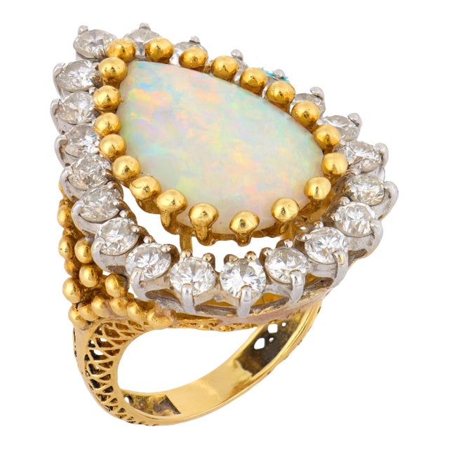Vintage Opal Diamond 18k Yellow Gold Cocktail Ring, Size 6 For Sale