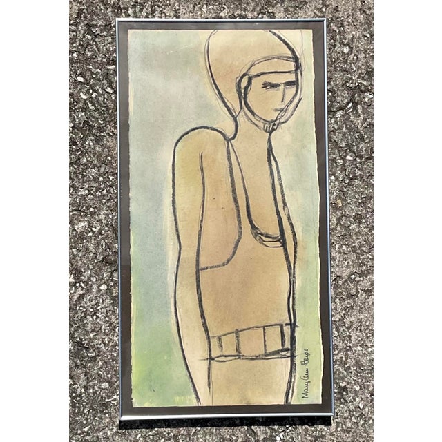 Mid 20th Century Vintage Boho Original Pastel and Watercolor Figurative Drawing on Paper For Sale - Image 5 of 6