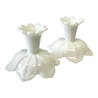 Vintage Westmoreland Glass Lotus Pattern Candlesticks- a Pair For Sale