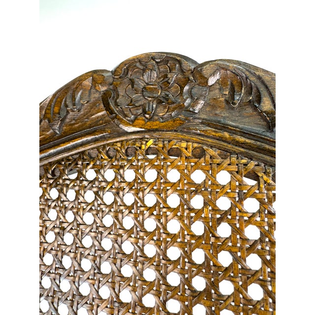 French Antique Louis XV Style Carved Walnut Caned Side Chair With Floral Crest For Sale - Image 3 of 13