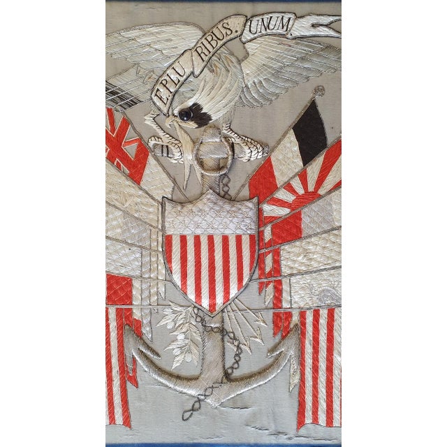 Antique Japanese embroidered silk picture, US Navy, 19thC with original frame and glass cover Size with frame 69 x 63...