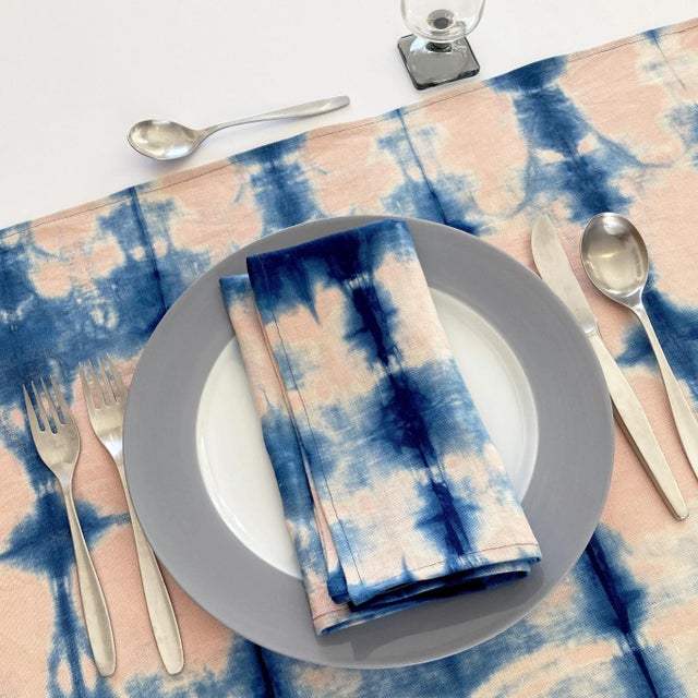 Abstract Rousseau Rose Pink & Indigo Blue Abstract Pattern Hand Dyed Linen Table Runner For Sale - Image 3 of 5