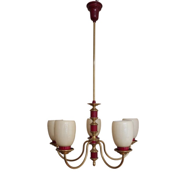 Vintage Chandelier with Brass and Cream-Colored Glass Shades, 1970s For Sale