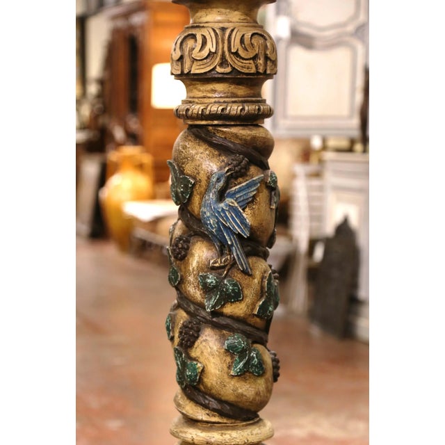 Pair of 18th Century French Carved Polychrome Pedestals With Birds & Grapevines For Sale - Image 9 of 12