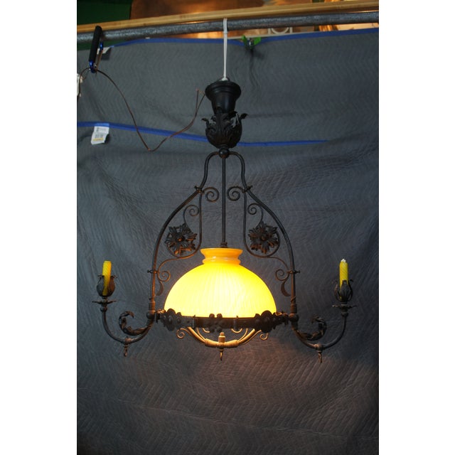 Antique Spanish Revival Wrought Iron Converted Gas Pendant Light Chandelier For Sale - Image 13 of 17