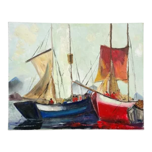 Modern Sailboat Art Oil Painting on Canvas Red White and Blue