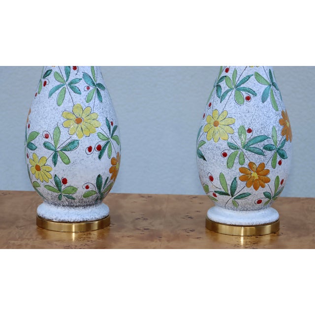 1960's mid-century modern pottery flower motif table lamps by Bitossi with brass hardware, newly rewired and ready to use,...