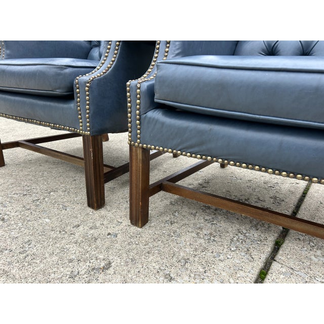 Navy Blue Mid-Century Chesterfield Wingback Chairs, a Pair - Tufted Blue Faux Leather With Nailhead Detailing For Sale - Image 8 of 11