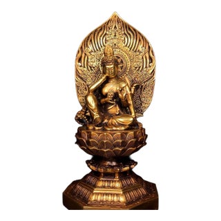Late 20th Century Gilt Bronze Avalokiteshvara Statue Seated Guanyin Deity 12" For Sale