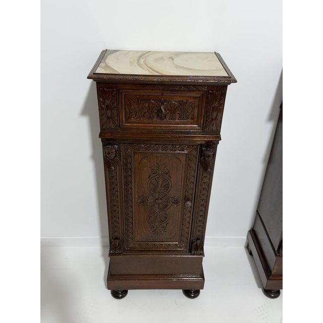 Sicilian Hand-Carved Bedside Tables with Marble Tops, 1940, Set of 2 For Sale - Image 9 of 18