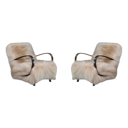 Lounge Chairs in Icelandic Sheepskin from Jindřich Halabala, 1940s, Set of 2 For Sale