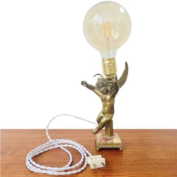 Metal Vintage Baroque Angel Table Lamp in Brass & Marble For Sale - Image 7 of 9