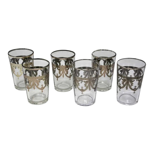 Moroccan Clear and Silver Overlay Shot Glasses Set of 6 For Sale