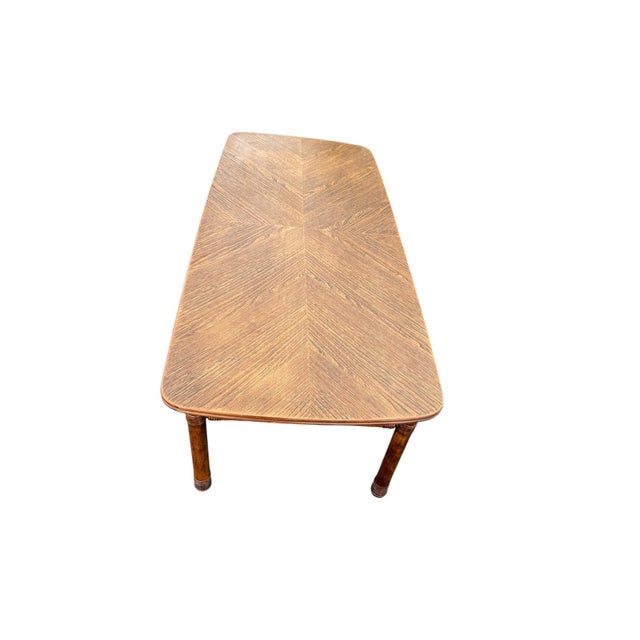 Chinoiserie Vintage Faux Bamboo Fruitwood Cocktail Table With Geometric Veneer Top For Sale - Image 3 of 9