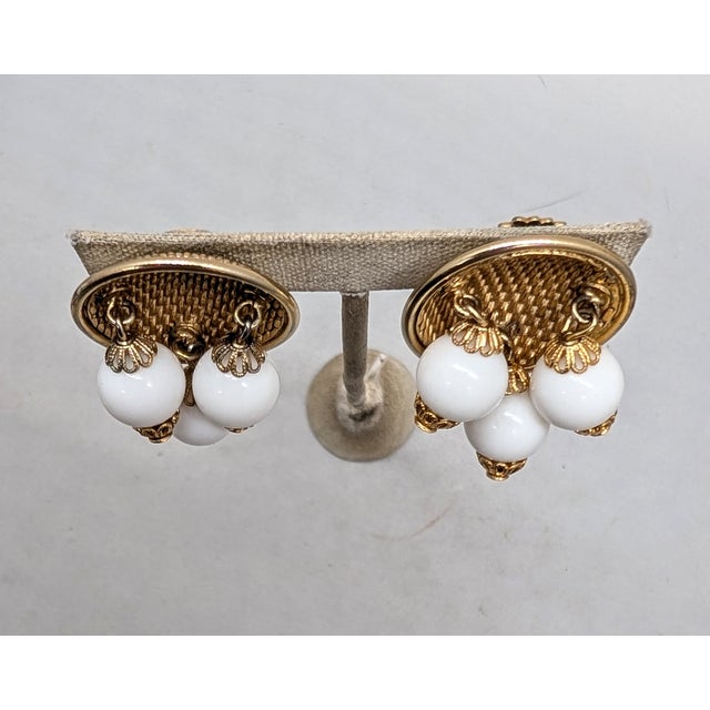 Metal Vintage 1950s Signed Hattie Carnegie Goldtone White Resin Drop Clip Earrings-2 Pieces For Sale - Image 7 of 9