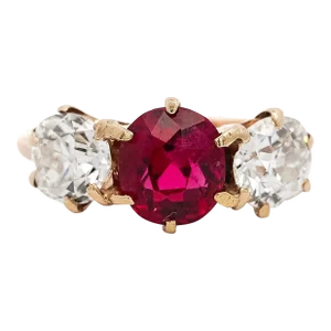 Antique Red Spinel and Old Mine Diamond 14k Yellow Gold Three-Stone Ring Size 5.5