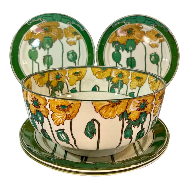 Antique Royal Doulton Poppy Footed Bowl & Plates - Set of 5 For Sale