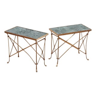 Pair of Brass Side Tables With Mable Top and Paw Footed Detail For Sale