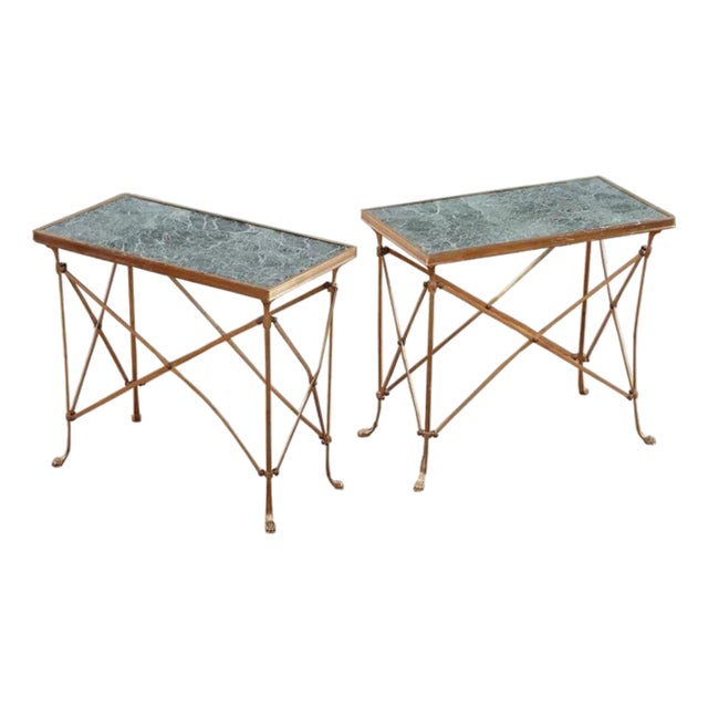 Pair of Brass Side Tables With Mable Top and Paw Footed Detail For Sale