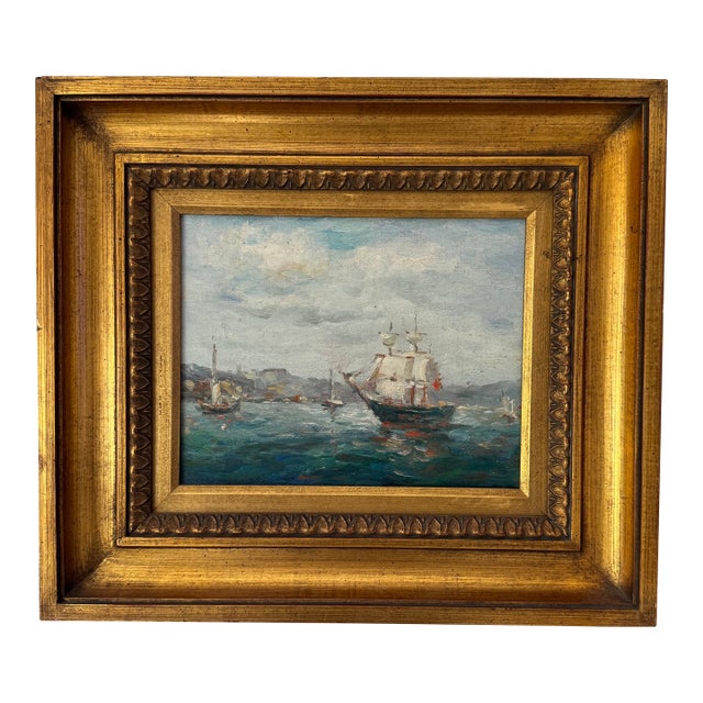 Framed Coastal Harbor Oil Painting For Sale